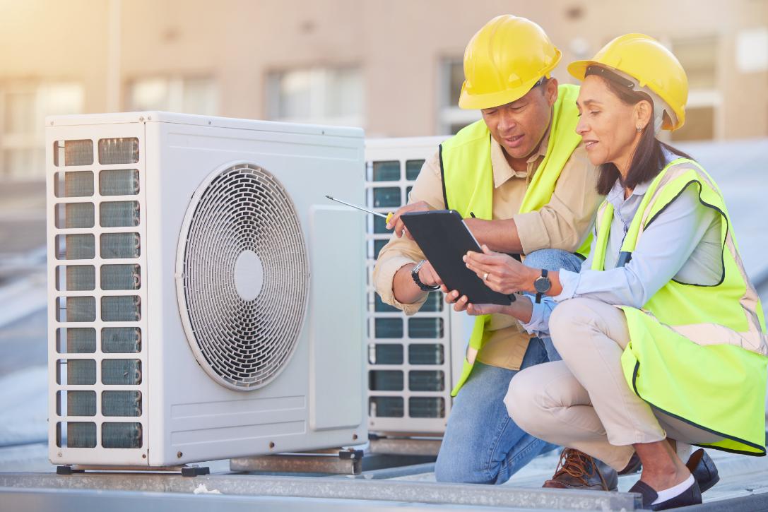 HVAC engineering team reviewing system on rooftop